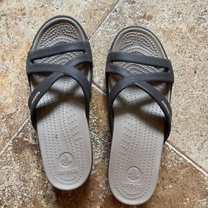 CROCS Gray and Brown Sandals with Criss-Cross Straps